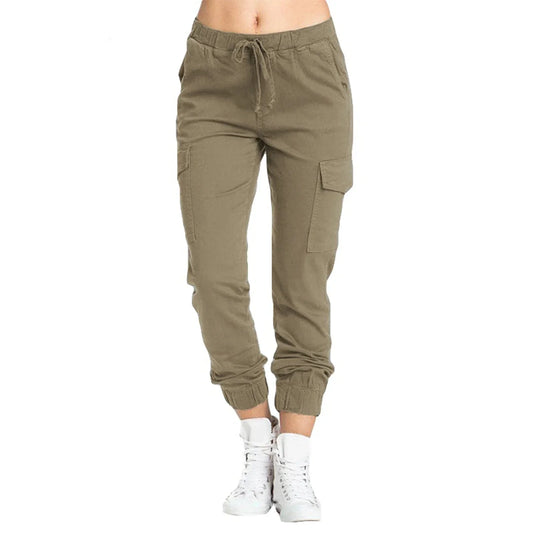 Women Solid Cargo Pants Multicolor Stretch Casual Drawstring